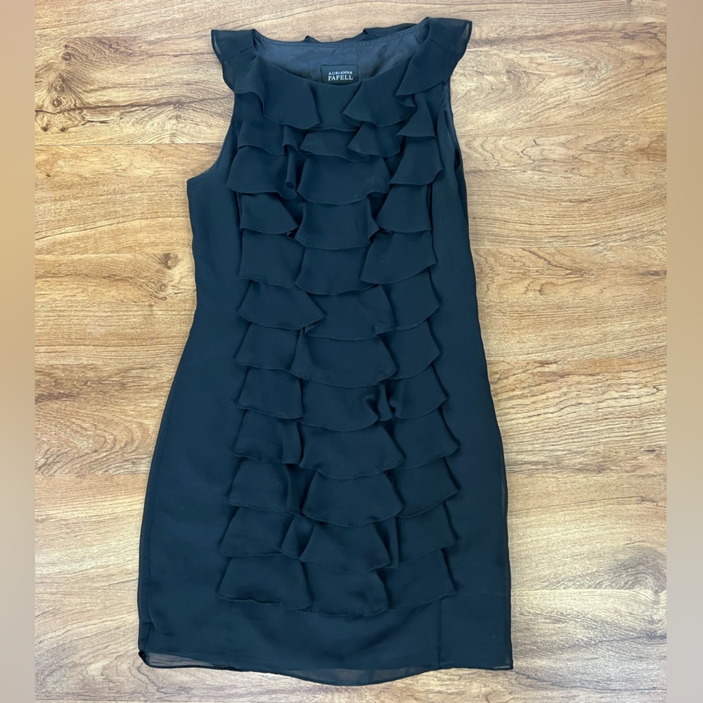 Adrianna Papell Ruffle Front Sleeveless Black Cocktail Dress Women's 4